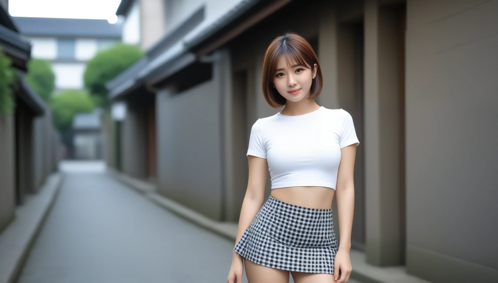 8k, Ultra-high resolution, highest quality, masterpiece, Surreal, photograph, 1 girl, (16 years old:1.3), pretty girl, Cute Face, Beautiful eyes in every detail, 細かくdetailedに,masterpiece,Japan Female Announcer,(highest quality、8k、32k、masterpiece、Hmph:1.2)、かわいい日本人女性のphotograph、Big ample breasts、Very short bob hair、18-year-old girl、Small Face、Arafed Asian girl in uniform, Girl Standing On The Sidewalk, When you smile, your teeth are visible、Medium sized breasts、Turn your body to the side、clavicle,photograph家を見る、Checkered Super Mini Skirt、Realistic Young Gravure Idol, Surreal , Shot on Sony Alpha 9, Beautiful Japanese Girls, Young Gravure Idol, Surreal , A young and cute gravure idol, Cobblestones and old European cityscape background、(From below:1.0)、 Sexy pose、See through 、Looking at the audience、beauty,Long neck、Laugh a little、Please close your mouth and laugh、(((Ideal body type))),A-cup small breasts :2,、Portraiture:2、Perfect Anatomy、鮮明なdetailed、detailed、Surreal、Light and shadow,Strong light,Fashion magazine cover,Thin lips