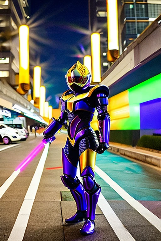 A cool humanoid robot resembling a Japanese special effects hero such as Kamen Rider or Garo is holding a laser saber.。The surroundings are a city at night with the aurora shining.