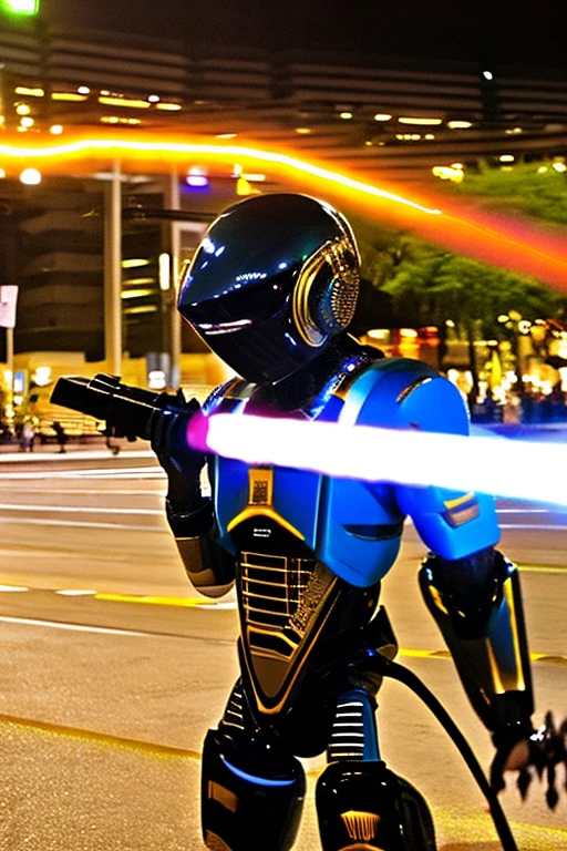 A cool humanoid robot resembling a Japanese special effects hero such as Kamen Rider or Garo is holding a laser saber.。The surroundings are a city at night with the aurora shining.