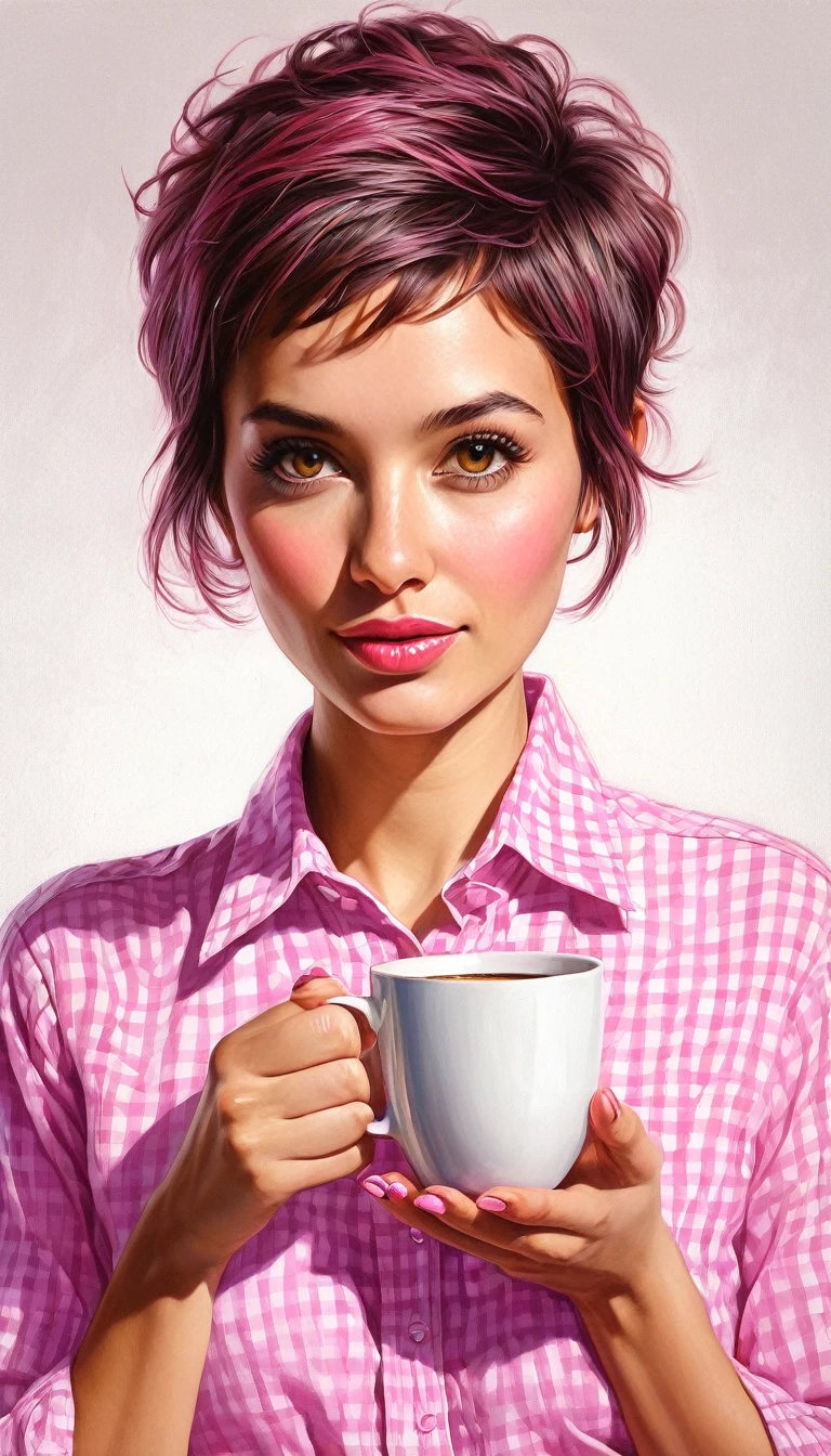 crea una mujer con pelo corte pixie ,con camisa rosa , con una taza de cafe ,obra maestra, estilo ilustracion de Ali Erturk, alto detalle, hiperrealista, luz natural,ilustracion , colores llamativos