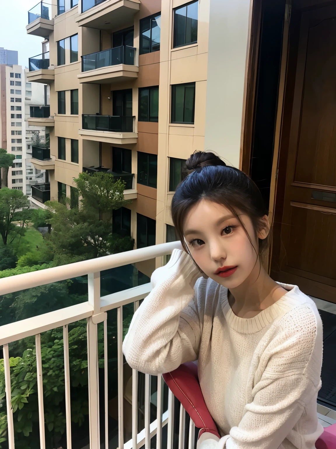 Korean Girls, Casual wear, The most beautiful in the world, Turn sideways, On the balcony of a luxury condo, Rattan cradle, close range, hair bun