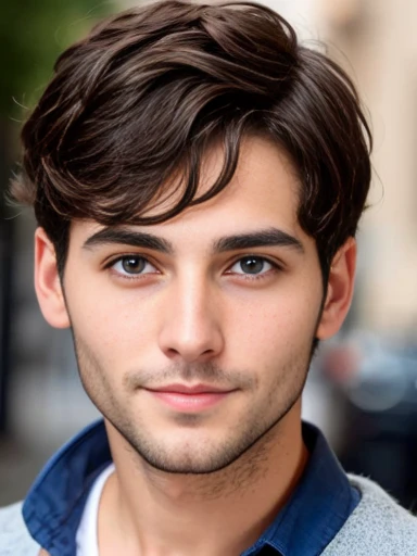   30-year-old sephardi jew man with blue eyes, short brown hair. focus on face