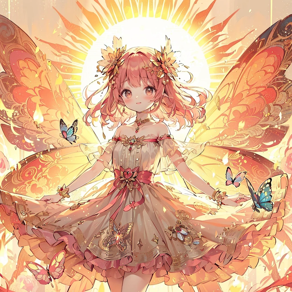 (Exquisite, beautiful, Very detailed, masterpiece, High resolution,high quality,High resolution),(Well-formed face,Soft and thin lines: 1.2, beautiful, Delicate and vivid illustrations with a mature and clear feel),(The motif is the sun, and a fairy princess with butterfly-like fairy wings is standing with flame flares around her body and the sun in the background.,), (sun, Flare),((Ultra Wide Shot, Ultra-wide angle of view,whole body)) ((fun, smile,Full of energy)), (Gold tiara, earrings, choker and anklet,), ((A red ball gown dress with a sun motif, Fairy wings from the back)), (Deep pink cheeks、Plump pink lips,Big Bus, Fair skin, Good style), (Sun&#39;s light, pastel colour, Bright atmosphere, colorful, Bright colors,Fantasy),