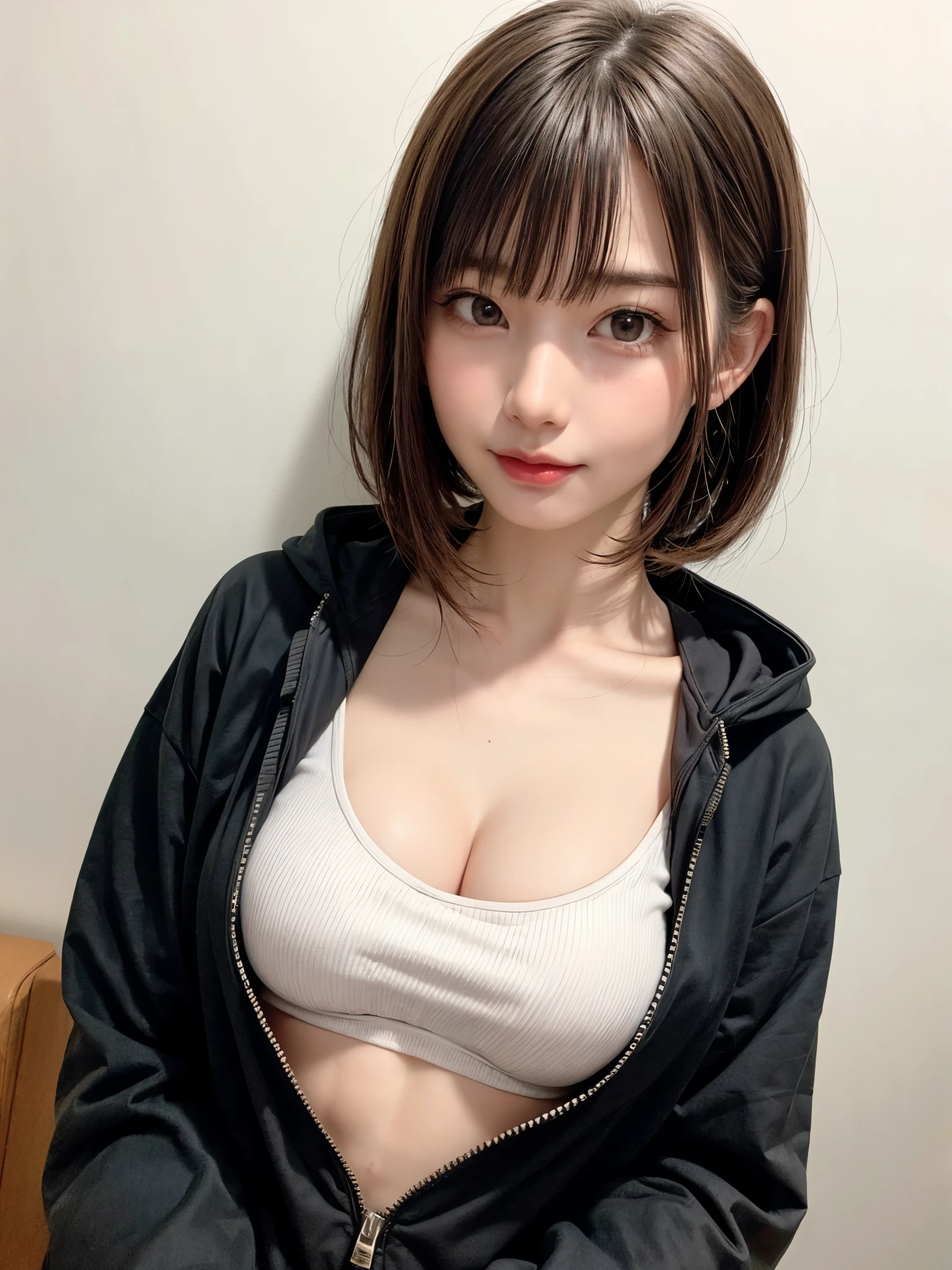1 girl, alone, alone focus, Cowboy Shot, Portraiture, Small size hoodie, Aqua green and white hoodie:1.4, Half watercolor, Half Green, ((Brown Hair)), (Short Bob Hair、Gradient Hair :1.5), Curly Hair, ((Pink Eyes)), Very detailedな目, Sunburn, (Dark Caramel Skin:1.1、{Huge|big|Hugeな|Mega} chest:2, chestの谷間:2、Attractive and beautiful woman、Happy smiling face with mouth closed), highest quality, Very detailed, so beautiful、White Background, Simple Background