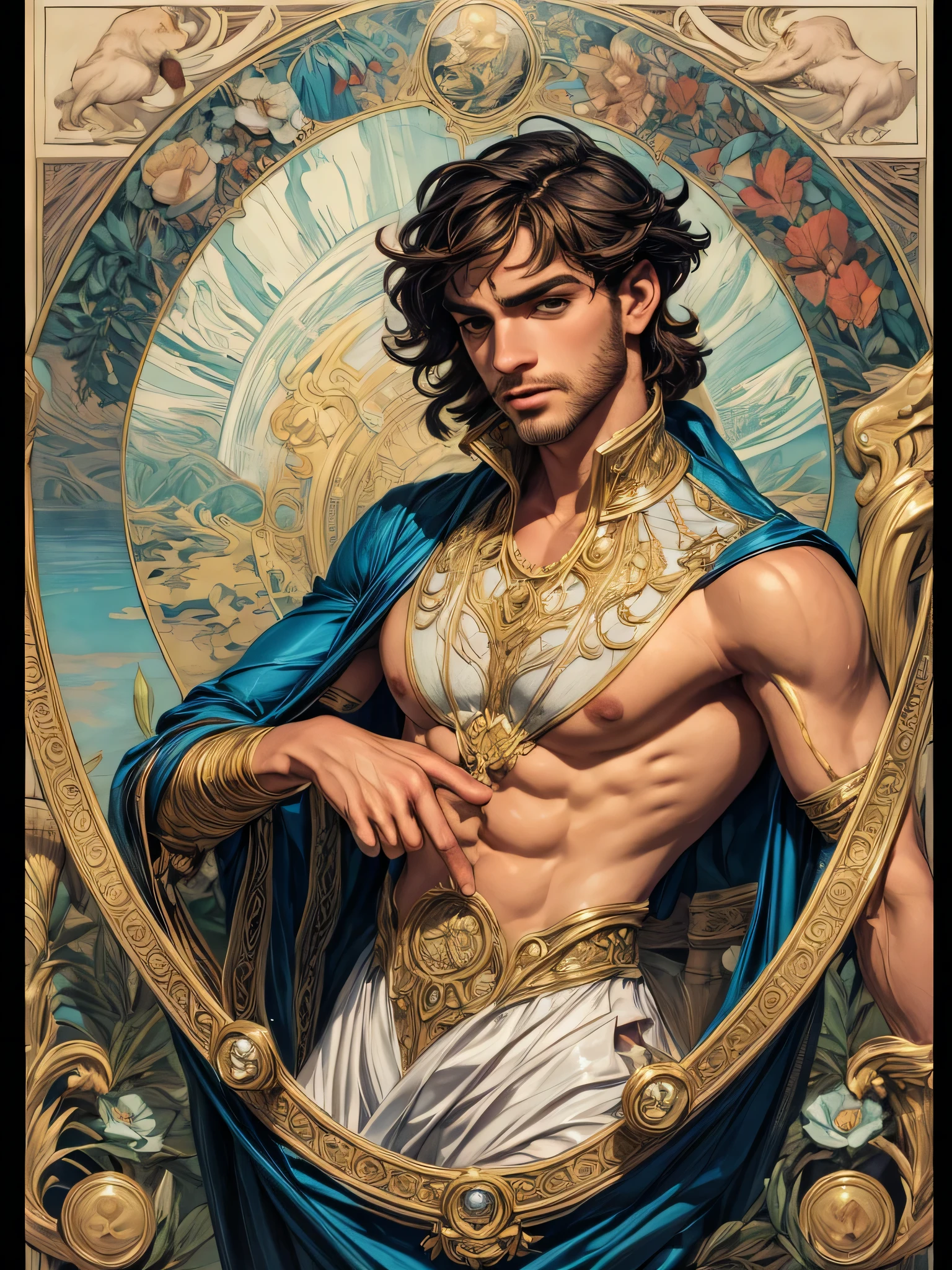 high quality, super realistic, Envision a hyper-realistic composition that seamlessly integrates the exquisite detail of John Singer Sargent with the dreamlike elegance of Alphonse Mucha, creating a insanely handsome man’s portrait where realism and Art Nouveau mystique converge, An extremely seductive masculine and handsome man is depicted against a backdrop of golden swirling patterns inspired by Mucha's iconic golden ornamental designs, The man is adorned in flowing garments that echo Mucha's romantic style, with intricate patterns intertwining seamlessly with the hyper-realistic details of his attire, by yukisakura, highly detailed,