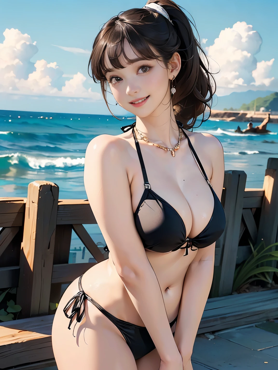 ((((highest quality))))、(((Ultra-precision CG16K wallpaper)))、(((masterpiece)))、(((Super detailed)))、(((Extreme detail)))、((１Mature 29 year old woman:1.6))、((Very beautiful Japanese faces))、((vegetable々Introduction:1.5))、((Soft Wave Ponytail Long Hair、blunt bangs:1.5))、(Shiny brown hair)、Beautiful Eyes、Clearly defined pupils、eyeliner、Eyeshadow、High nose、Small nostrils、Small Mouth、Seductive lips、Beautiful breasts、((C cup size breasts))、Cleavage、Beautiful feet、eight-headed body、Perfect proportions、Perfect Anatomy、Perfect composition、Beautiful detailed shading、Beautiful, natural lighting、Beautiful detail glow、Depth of written boundary、(((High chroma)))、(((Real:1.9)))、((vivid:1.5))、((Beautiful Skin))、((Skin Texture))、((Realな皮膚感))、(((Cowboy Shot:1.6)))、((Front view、shoot from front、Front low angle:1.6))、(((smile:1.6)))、((The woman is looking at this、looking at viewer、Facing forward:1.6))、Bright daylight、Natural light、(((Ocean岸、Ocean、blue sky、cloud:1.3)))、(Walking Pose:1.6)、(((Black bikini swimsuit:1.6)))、((Earrings、Wearing a necklace:1.3))、((Knee-high socks:1.3))、