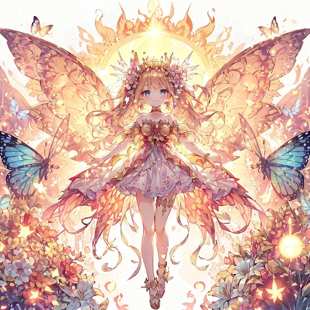 (Exquisite, beautiful, Very detailed, masterpiece, High resolution,high quality,High resolution),(Well-formed face,Soft and thin lines: 1.2, beautiful, Delicate and vivid illustrations with a mature and clear feel),(The motif is the sun, and a fairy princess with butterfly-like fairy wings is standing with flame flares around her body and the sun in the background.,), (sun, Flare),((Ultra Wide Shot, Ultra-wide angle of view,whole body)) ((fun, smile,Full of energy)), (Gold tiara, earrings, choker and anklet,), ((A red ball gown dress with a sun motif, Fairy wings from the back)), (Deep pink cheeks、Plump pink lips,Big Bus, Fair skin, Good style), (Sun's light, pastel colour, Bright atmosphere, colorful, Bright colors,Fantasy),