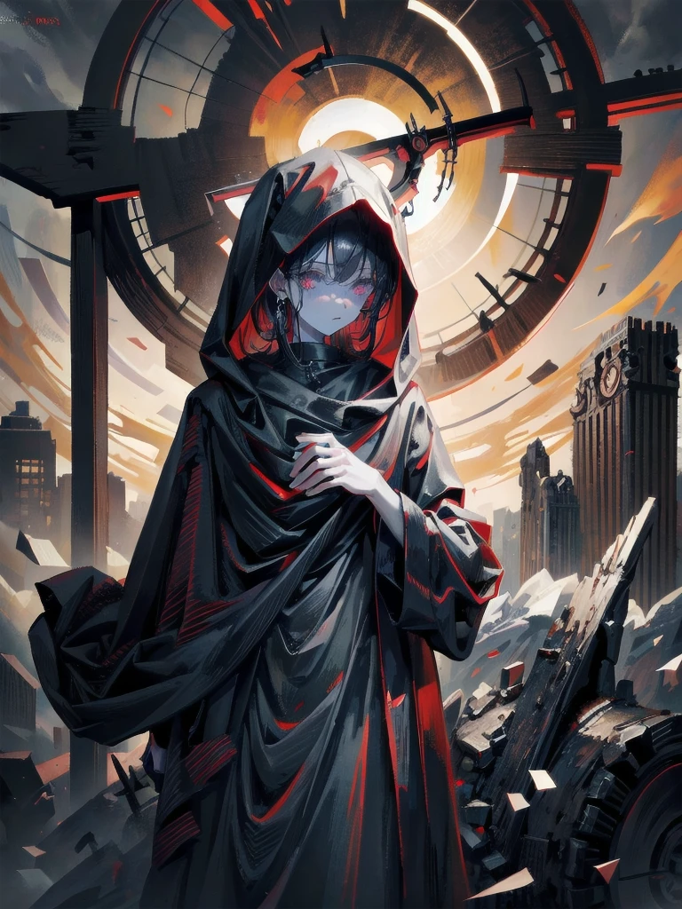 (ruined city), grim reaper, black scythe, robe, absurdres, RAW photo, extremely delicate and beautiful, masterpiece, Best Quality, ultra high resolution, 32k, hyperrealistic, ultra-detailed, detailed description, pale skin, 20 years old, tearful mole, earring, short medium hair, wavy hair, whole body shot,