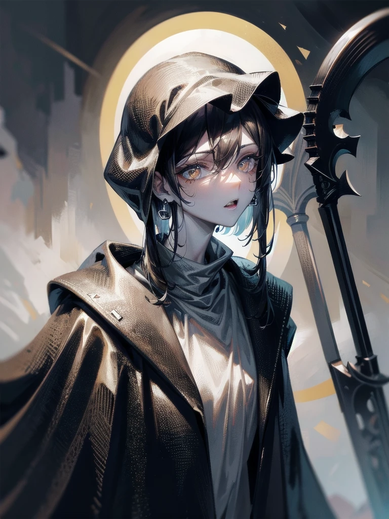 (ruined city), grim reaper, black scythe, robe, absurdres, RAW photo, extremely delicate and beautiful, masterpiece, Best Quality, ultra high resolution, 32k, hyperrealistic, ultra-detailed, detailed description, pale skin, 20 years old, tearful mole, earring, short medium hair, wavy hair, whole body shot,