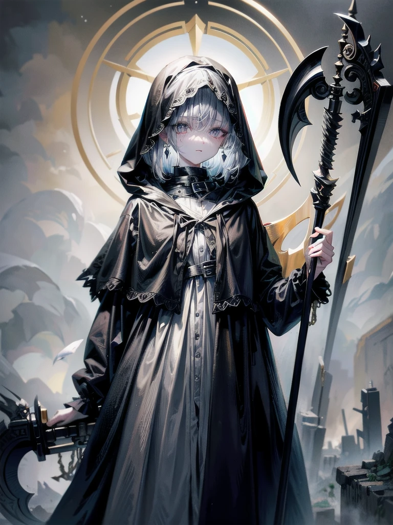 (ruined city), grim reaper, black scythe, robe, absurdres, RAW photo, extremely delicate and beautiful, masterpiece, Best Quality, ultra high resolution, 32k, hyperrealistic, ultra-detailed, detailed description, pale skin, 20 years old, tearful mole, earring, short medium hair, wavy hair, whole body shot,