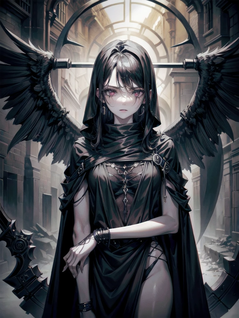 (ruined city), grim reaper, black scythe, robe, absurdres, RAW photo, extremely delicate and beautiful, masterpiece, Best Quality, ultra high resolution, 32k, hyperrealistic, ultra-detailed, detailed description, pale skin, 20 years old, tearful mole, earring, short medium hair, wavy hair, whole body shot,
