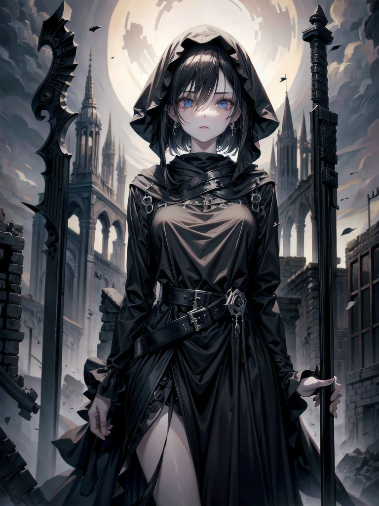 (ruined city), grim reaper, black scythe, robe, absurdres, RAW photo, extremely delicate and beautiful, masterpiece, Best Quality, ultra high resolution, 32k, hyperrealistic, ultra-detailed, detailed description, pale skin, 20 years old, tearful mole, earring, short medium hair, wavy hair, whole body shot,