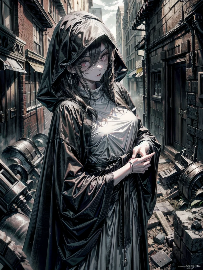 (ruined city), grim reaper, black scythe, robe, absurdres, RAW photo, extremely delicate and beautiful, masterpiece, Best Quality, ultra high resolution, 32k, hyperrealistic, ultra-detailed, detailed description, pale skin, 20 years old, tearful mole, earring, short medium hair, wavy hair, whole body shot,