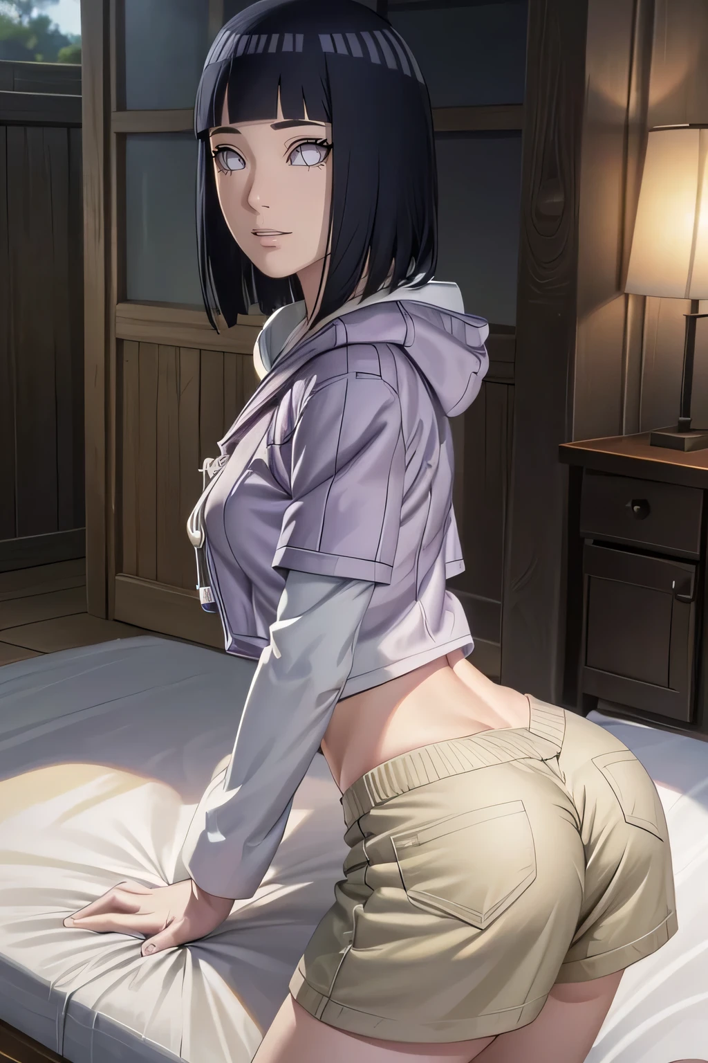 (best quality,4k,8k,highres,masterpiece:1.2),ultra-detailed,realistic,photorealistic:1.37,detailed eyes,beautiful detailed lips,pale.hinata hyuga wearing hoodie, layered sleeve, perfect figure, attractive rounded breasts, naughty smile, puffy lips, posing in sunshine, outdoor , purple layered hoodie, relaxed brown pants, attractive detailed eyes, fit waist, showing hip, ass show in bed, ass