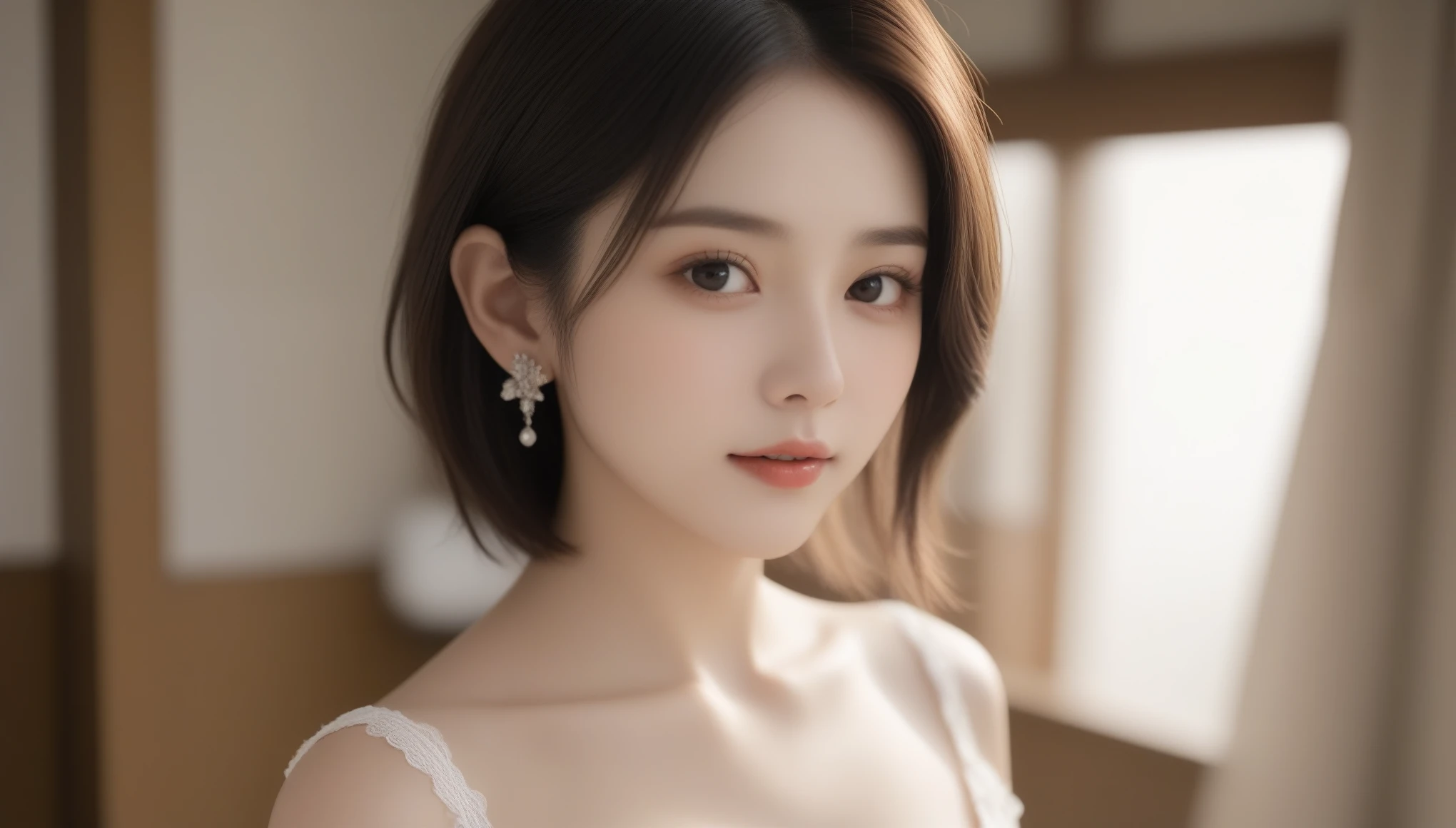 8k, Ultra-high resolution, 最high quality, masterpiece, Surreal, photograph, 1 girl, (16 years old:1.3), pretty girl, Cute Face, Beautiful eyes in every detail, 細かくdetailedに,masterpiece,Japan Female Announcer,One beautiful girl, 非常に美しいdetailedな顔, (Open your mouth a little, Sexy Looks:1.1), (Beautiful small breasts:1.3), (Slender body:1.2), (Lace wedding dress with chest wide open shoulders:1.5), mini skirt,(Exposed breasts:1.5), pubic hair, キャメルトゥのdetailed, (Beautiful Face:1.2), accessories, Earrings, Conceptual Art, high quality, Realistic, 非常にdetailedな CG 統合 8k 壁紙, 非常にdetailedな, 高解像度の生のカラーphotograph, プロのphotograph撮影, Realistic portrait, Cinematic Light, Beautiful details, Attention to detail, (((Bokeh))), Depth of written boundary, illumination, Super stylish lighting,Bob Cut Hair, Dynamic pose、 Sexy pose、See through 、Looking at the audience、beauty,Long neck、Laugh a little、Please close your mouth and laugh、(((Ideal body type))),A-cup small breasts :2,、Portraiture:2、Perfect Anatomy、鮮明なdetailed、detailed、Surreal、Light and shadow,Strong light,Fashion magazine cover,Thin lips