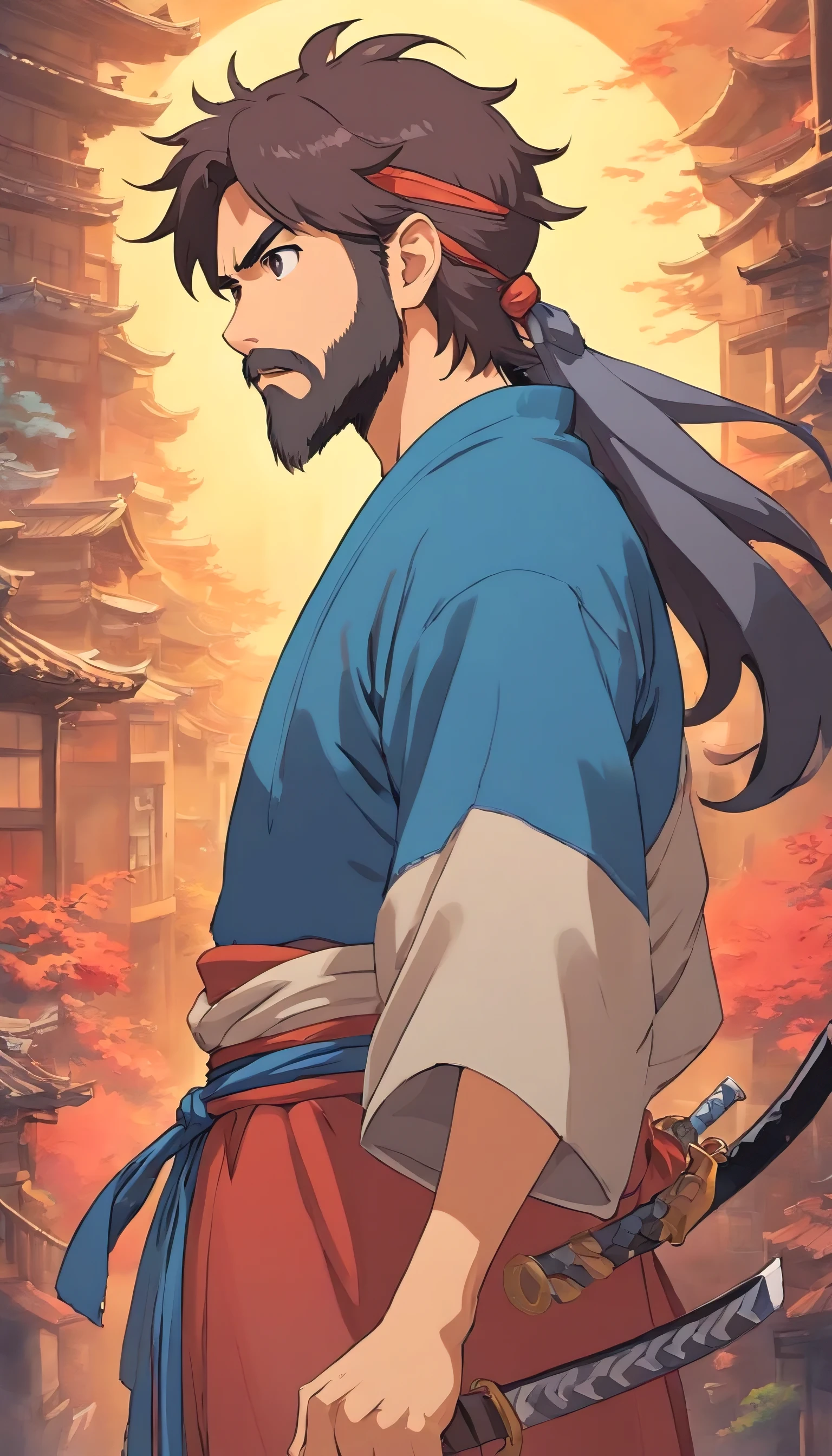 um homem, cabelo ninja amarrado, barba cavanhaque, Serious Portrait, perfil