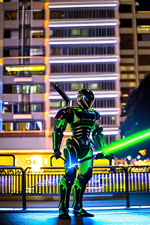 A cool humanoid robot resembling a Japanese special effects hero such as Kamen Rider or Garo is holding a laser saber.。The surroundings are a city at night with the aurora shining.
