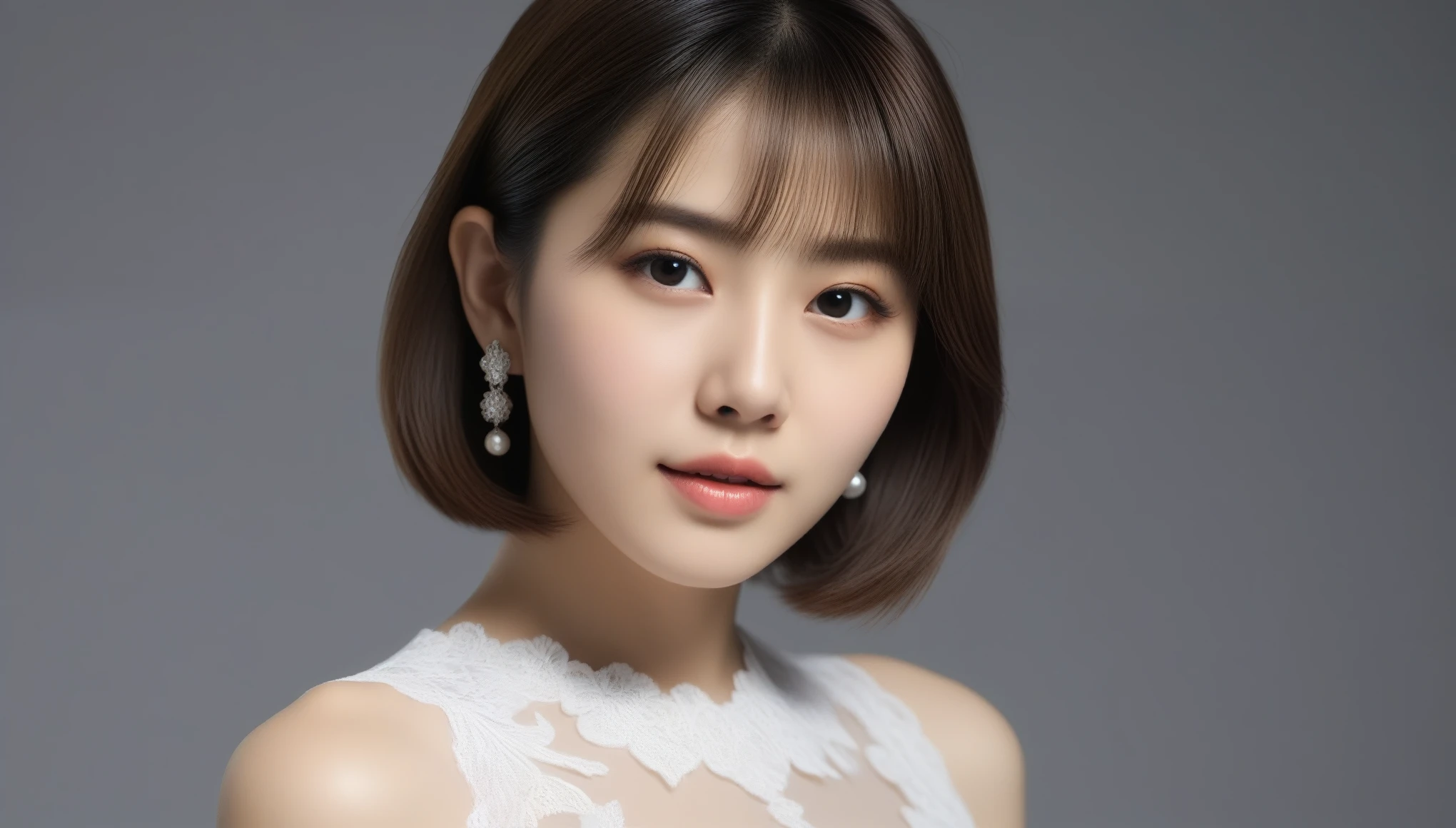 8k, Ultra-high resolution, 最high quality, masterpiece, Surreal, photograph, 1 girl, (16 years old:1.3), pretty girl, Cute Face, Beautiful eyes in every detail, 細かくdetailedに,masterpiece,Japan Female Announcer,One beautiful girl, 非常に美しいdetailedな顔, (Open your mouth a little, Sexy Looks:1.1), (Beautiful small breasts:1.3), (Slender body:1.2), (Lace wedding dress with chest wide open shoulders:1.5), mini skirt,(Exposed breasts:1.5), pubic hair, キャメルトゥのdetailed, (Beautiful Face:1.2), accessories, Earrings, Conceptual Art, high quality, Realistic, 非常にdetailedな CG 統合 8k 壁紙, 非常にdetailedな, 高解像度の生のカラーphotograph, プロのphotograph撮影, Realistic portrait, Cinematic Light, Beautiful details, Attention to detail, (((Bokeh))), Depth of written boundary, illumination, Super stylish lighting,Bob Cut Hair, Dynamic pose、 Sexy pose、See through 、Looking at the audience、beauty,Long neck、Laugh a little、Please close your mouth and laugh、(((Ideal body type))),A-cup small breasts :2,、Portraiture:2、Perfect Anatomy、鮮明なdetailed、detailed、Surreal、Light and shadow,Strong light,Fashion magazine cover,Thin lips