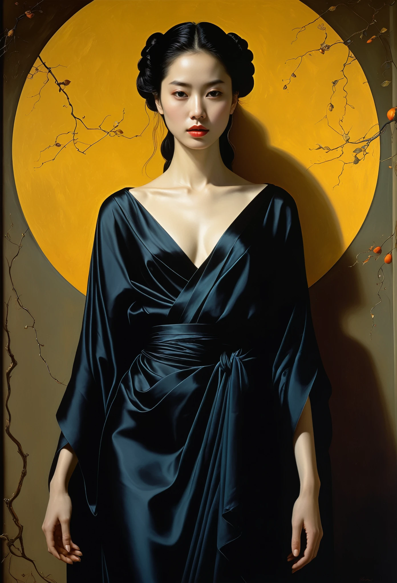  (((Iconic Lady in darkness sunny colors but extremely beautiful))) (((masterpiece,religious, minimalist,mysterious hyperrealistic))) (((Monochrome solid colors))) (((Gorgeous,sophisticated))) (((by Michael Curtiz style,by caravaggio style))),digital artwork by Beksinski，Zhao Liying，Liu Shishi，Liu Yifei