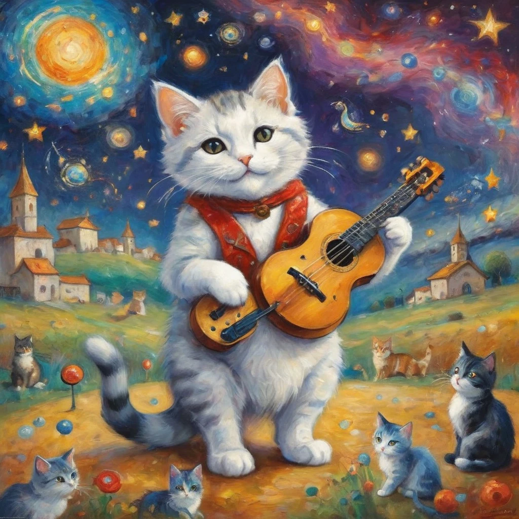 chibi, (((a chibi cute cat, facing forward))), colorful musical notes and instruments, musical notes, depicted with an ethereal and vibrant aura, ((surrounded by many other cats)), musical elements, singing, and playing musical instruments, the background is a cosmic scene with stars, galaxies, and nebulae, enhancing the sense of vastness, ((Marc Chagall style)), magical naive art, primitivism, protogen, ((Best quality, masterpiece)),
((((Highest detail), Impressionism:1,1, 8K