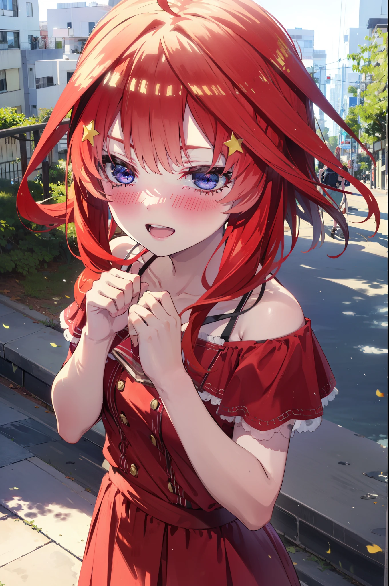 itsukinakano, Itsuki Nakano, bangs, blue eyes, Hair between the eyes, Ahoge, Redhead, star \(symbol\), hair ornaments, star hair ornaments,star型ペンダント,happy smile, smile, Open your mouth,Off-the-shoulder red dress,Exposing shoulders,Spring clavicle,Bare neck,Bare arms,Red long skirt,Cute heeled sandals,Real Summer,Daytime,sunny,My hair is blowing in the wind,whole bodyがイラストに入るように,Looking down from above,
break outdoors, city,海岸通り
break looking at viewer, whole body,
break (masterpiece:1.2), highest quality, High resolution, unity 8k wallpaper, (shape:0.8), (Beautiful details:1.6), Highly detailed face, Perfect lighting, Extremely detailed CG, (Perfect hands, Perfect Anatomy),