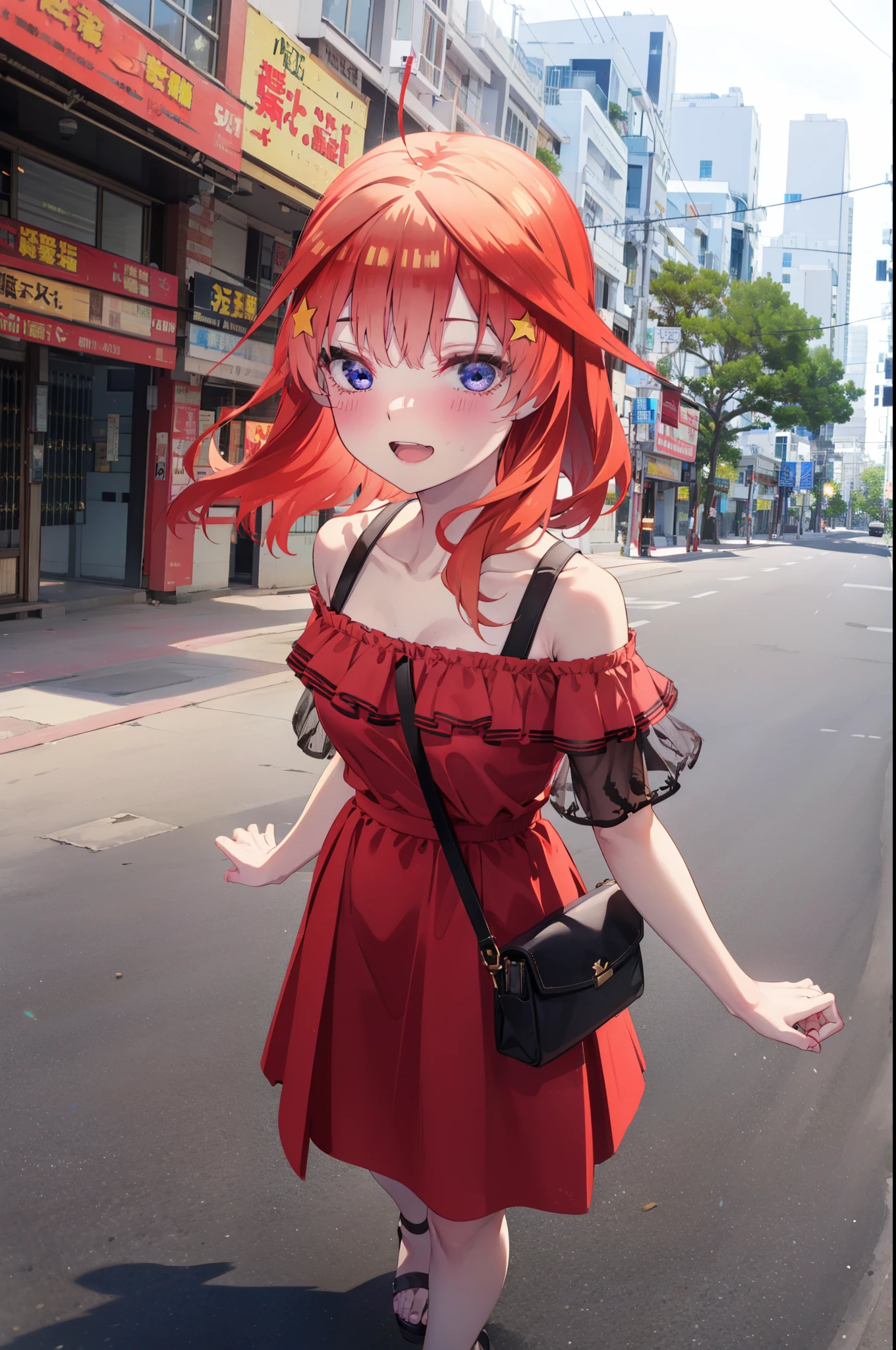 itsukinakano, Itsuki Nakano, bangs, blue eyes, Hair between the eyes, Ahoge, Redhead, star \(symbol\), hair ornaments, star hair ornaments,star型ペンダント,happy smile, smile, Open your mouth,Off-the-shoulder red dress,Exposing shoulders,Spring clavicle,Bare neck,Bare arms,Red long skirt,Cute heeled sandals,Real Summer,Daytime,sunny,My hair is blowing in the wind,whole bodyがイラストに入るように,Looking down from above,
break outdoors, city,海岸通り
break looking at viewer, whole body,
break (masterpiece:1.2), highest quality, High resolution, unity 8k wallpaper, (shape:0.8), (Beautiful details:1.6), Highly detailed face, Perfect lighting, Extremely detailed CG, (Perfect hands, Perfect Anatomy),