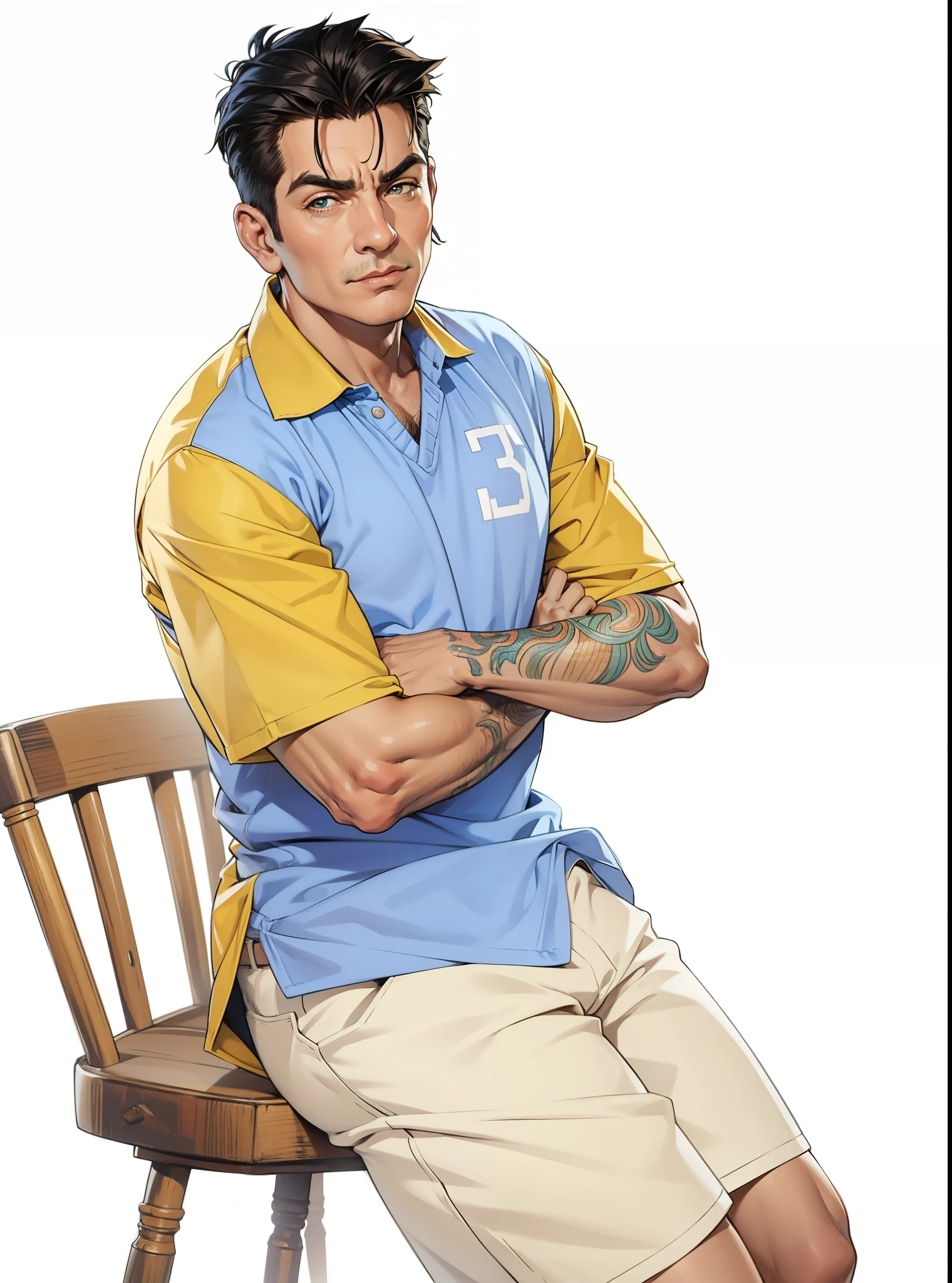 Charlie Harper, Charlie Sheen, Dois Homens e meio, Two and a Half Men, extremamente realista, muito lindo, cerca de 40 anos, cabesa azul, com detalhes amarelo, bermuda marrom, sentado em um banco