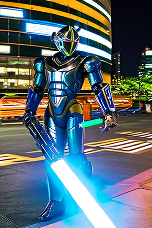 A cool humanoid robot resembling a Japanese special effects hero such as Kamen Rider or Garo is holding a laser saber.。The surroundings are a city at night with the aurora shining.