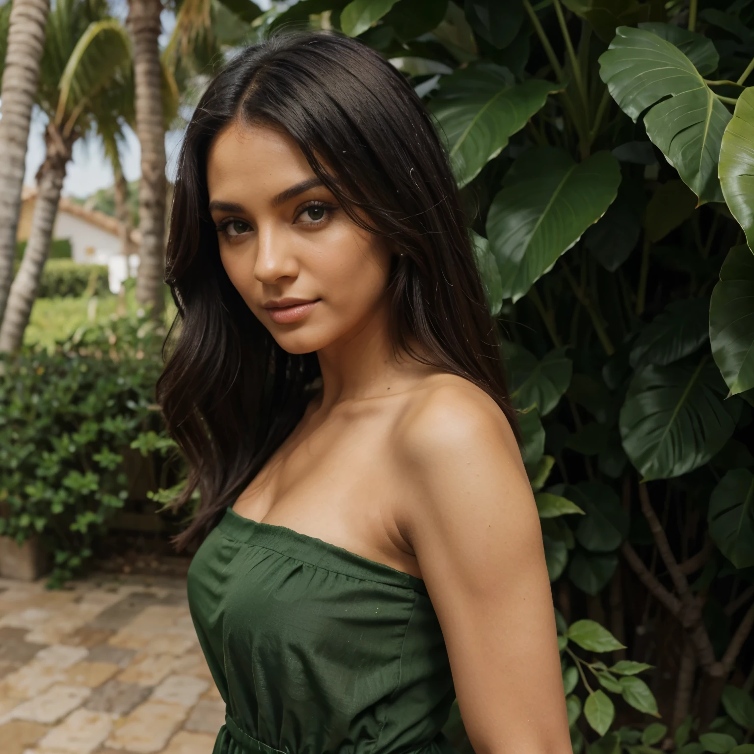 Mulher negra, cabelos escuros, longo e liso, olhos verdes, roupa de camponesa vestido verde