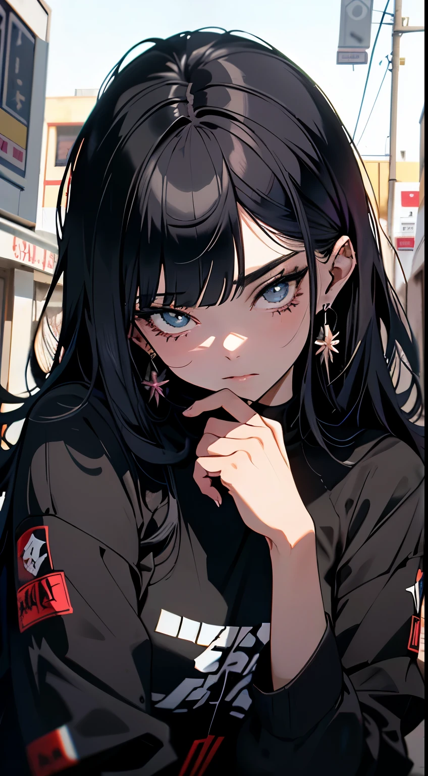 bonito, Sozinho, 1 mulher, Cabelo longo, cabelo preto, mechas azuis nas pontas do cabelo, olhos roxos, camisa preta, seios enormes, manto vermelho, futurista, ciberpunk Sozinho, cinematic angle, cinematic lighting, Obra de arte, melhor qualidade , nsfw、de joelhos, esfregar na virilha