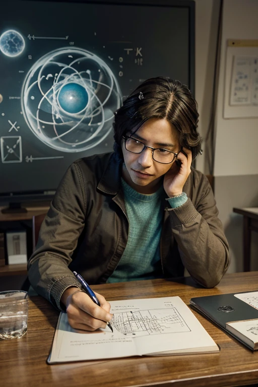 Illustration of a mathematics teacher sitting with a notebook on the table and with the pen almost touching the paper discovering the fundamental equations of the multiverse, Formulas, Mathematical Symbols, arte premiada, 8K, HDR, vibrante e colorido, Obra de arte, arte inspirada em (Ghibli and Yoji Shinkawa Studio)