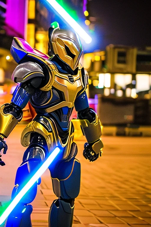 A cool humanoid robot resembling a Japanese special effects hero such as Kamen Rider or Garo is holding a laser saber.。The surroundings are a city at night with the aurora shining.
