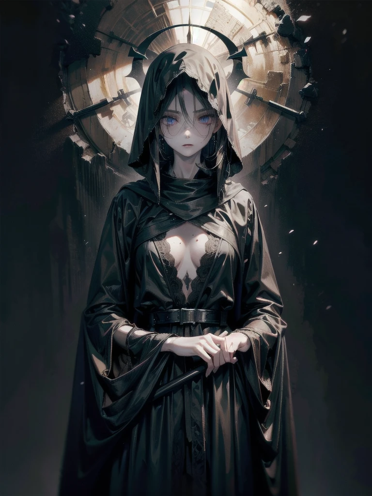 (ruined city), grim reaper, black scythe, robe, absurdres, RAW photo, extremely delicate and beautiful, masterpiece, Best Quality, ultra high resolution, 32k, hyperrealistic, ultra-detailed, detailed description, pale skin, 20 years old, tearful mole, earring, short medium hair, wavy hair, whole body shot,