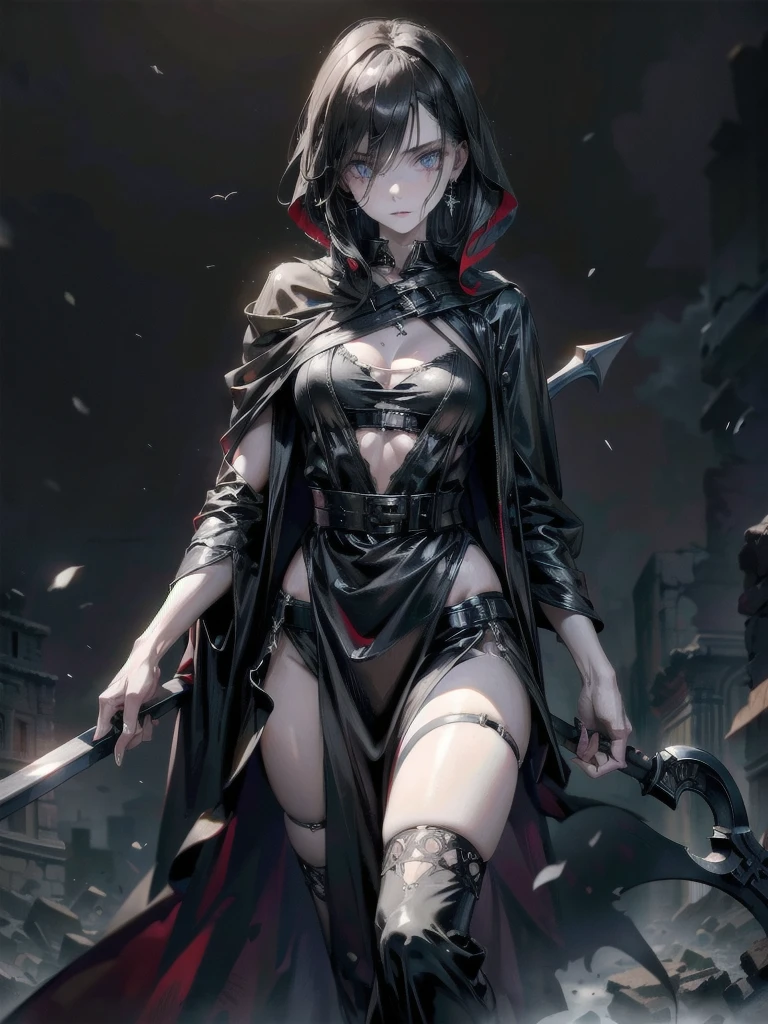 (best quality, UHD, ultra sharp), 1girl, solo, goth girl, black hair, short hair, black horns, red bikini, black cloak, red anime eyes, blush, (medium breast:1.4), thick thighs, holding sword, dark fantasy, dark lights, laced high shoes, dark atmosphere, horror, macabre, dramatic lighting, dark forest