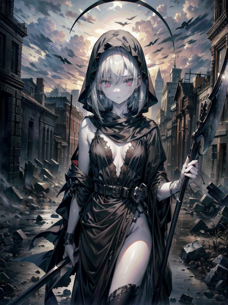 (ruined city), grim reaper, black scythe, robe, absurdres, RAW photo, extremely delicate and beautiful, masterpiece, Best Quality, ultra high resolution, 32k, hyperrealistic, ultra-detailed, detailed description, pale skin, 20 years old, tearful mole, earring, short medium hair, wavy hair, whole body shot,