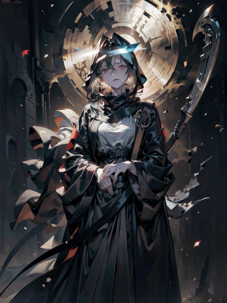 (ruined city), grim reaper, black scythe, robe, absurdres, RAW photo, extremely delicate and beautiful, masterpiece, Best Quality, ultra high resolution, 32k, hyperrealistic, ultra-detailed, detailed description, pale skin, 20 years old, tearful mole, earring, short medium hair, wavy hair, whole body shot,