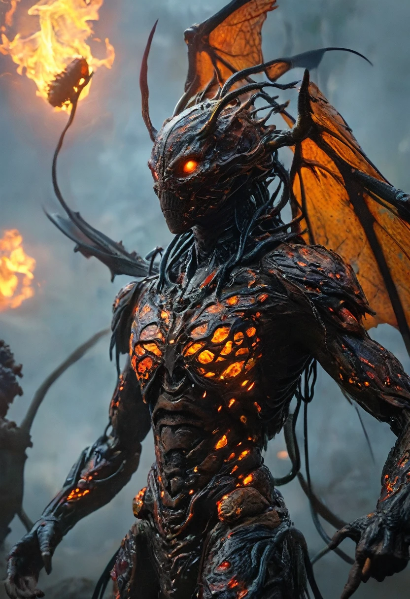 (highest quality,4K,8k,High resolution,masterpiece:1.2), Super detailed, (Realistic,photoRealistic,photo-Realistic:1.37), black creature, Otherworldly, Lovecraft, Chitinous Skin, Bioluminescence Pattern, Dark color palette, Spooky lighting.(Browsing Caution:1.4), black, red, orange, 非常に長く鋭いredい爪, Big Claws, Her body is bioluminescent. Moisturized Skin, (Extremely detailed and intricate skin patterns:1.2), (Translucent chitinous exoskeleton:1.3), (Very small waist:1.4), (Destroyed Anatomy:1.5), violent, erotic,
