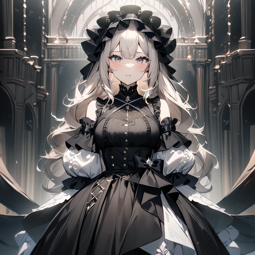 1 girl,best quality, very aesthetic, absurdres,looking at viewer,front view,Lovely lady,high-grade,layer,westfrill,light hair,multilayer,blackcolor,trim,(side-Crisscross),breasts,upscale,Layered