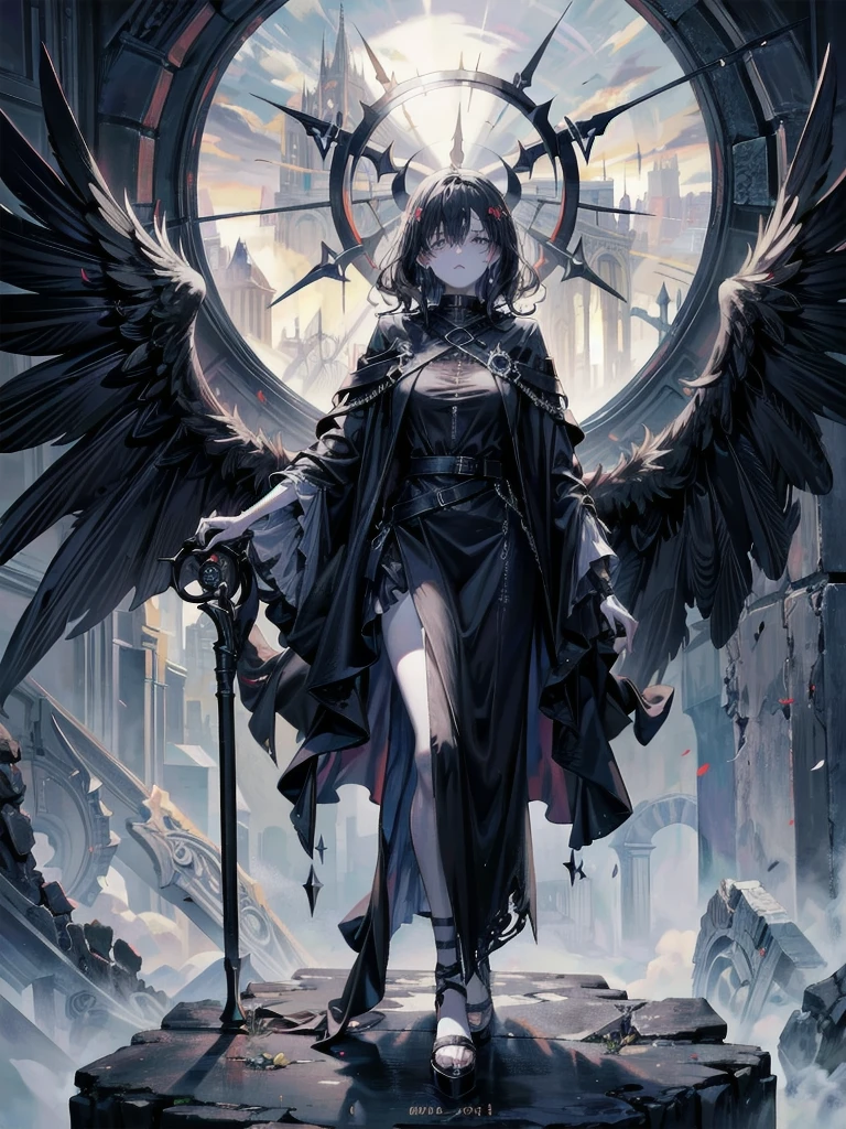 (ruined city), grim reaper, black scythe, robe, absurdres, RAW photo, extremely delicate and beautiful, masterpiece, Best Quality, ultra high resolution, 32k, hyperrealistic, ultra-detailed, detailed description, pale skin, 20 years old, tearful mole, earring, short medium hair, wavy hair, whole body shot,