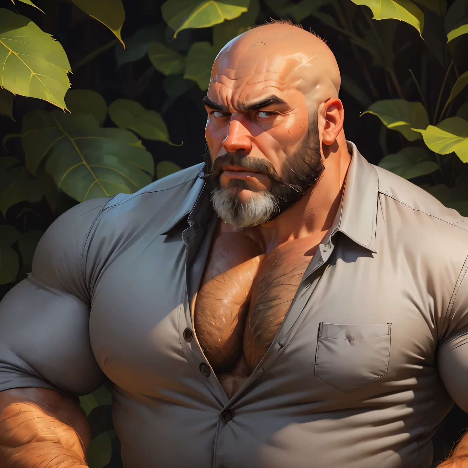 an exaggeratedly muscular and large bodyguard, grizzly old man, (bald: 1.2), beard, tan skin, (scars on face: 1.1), (confused expression: 1.1), (wearing grey collared shirt: 1.2), pants with belt, (bara pecs: 1.3), (hairy chest and forearms: 1.2), close-up portrait HD, in the jungle