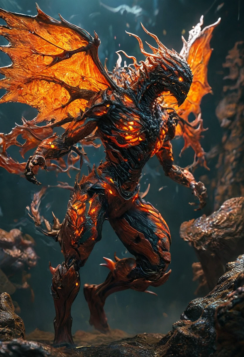 (highest quality,4K,8k,High resolution,masterpiece:1.2), Super detailed, (Realistic,photoRealistic,photo-Realistic:1.37), black creature, Otherworldly, Lovecraft, Chitinous Skin, Bioluminescence Pattern, Dark color palette, Spooky lighting.(Browsing Caution:1.4), black, red, orange, 非常に長く鋭いredい爪, Big Claws, Her body is bioluminescent. Moisturized Skin, (Extremely detailed and intricate skin patterns:1.2), (Translucent chitinous exoskeleton:1.3), (Very small waist:1.4), (Destroyed Anatomy:1.5), violent, erotic,