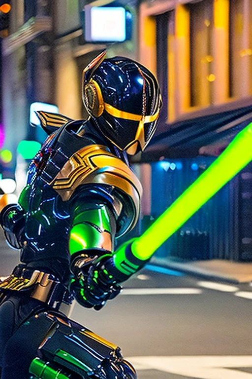 A cool humanoid robot resembling a Japanese special effects hero such as Kamen Rider or Garo is holding a laser saber.。The surroundings are a city at night with the aurora shining.