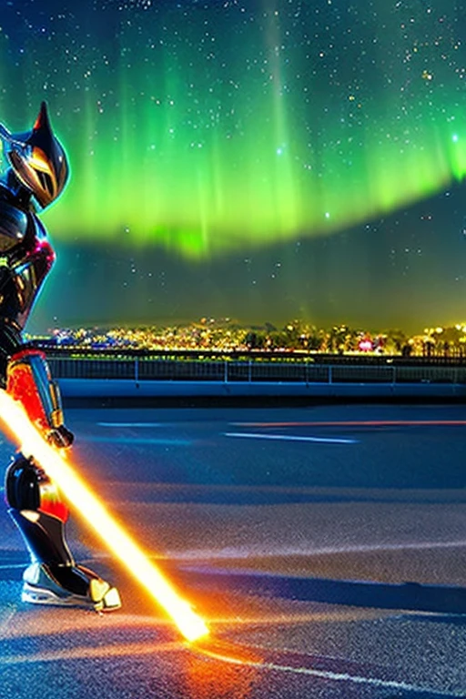 A cool humanoid robot resembling a Japanese special effects hero such as Kamen Rider or Garo is holding a laser saber.。The surroundings are a city at night with the aurora shining.