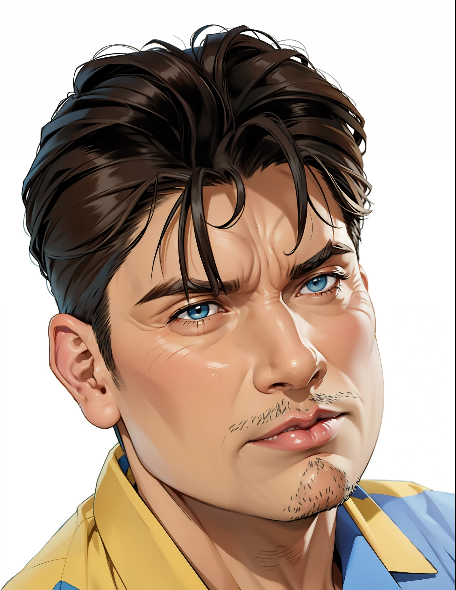 Charlie Harper, Charlie Sheen, Dois Homens e meio, Two and a Half Men, extremamente realista, muito lindo, cerca de 40 anos, cabesa azul, com detalhes amarelo, bermuda marrom, sentado em um banco