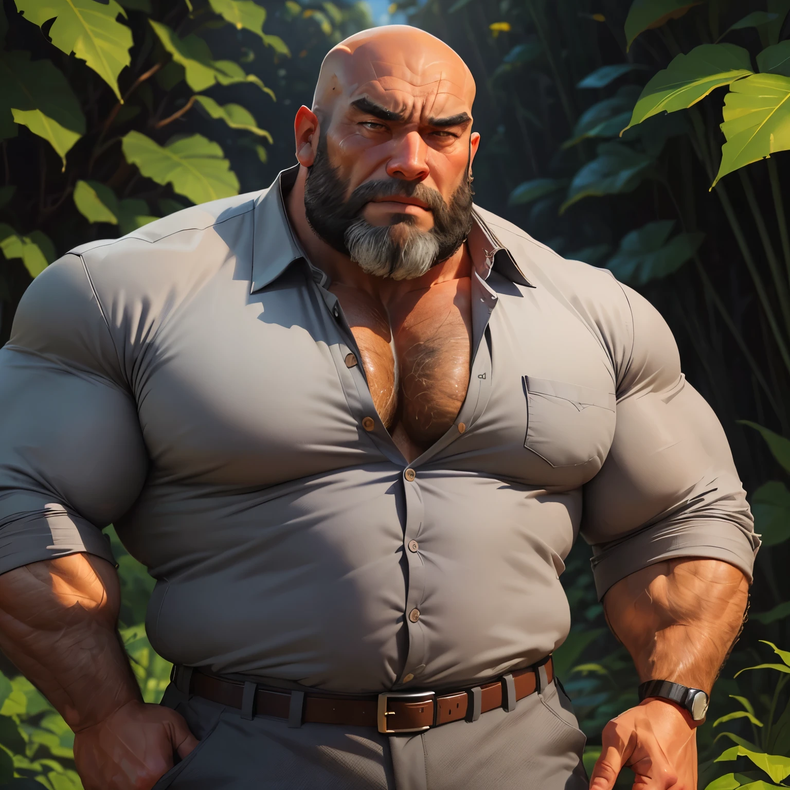 an exaggeratedly muscular and large bodyguard, grizzly old man, (bald: 1.2), beard, tan skin, (scars on face: 1.1), (worried expression: 1.1), (wearing grey collared shirt: 1.2), pants with belt, (bara pecs: 1.3), (hairy chest and forearms: 1.2), close-up portrait HD, in the jungle