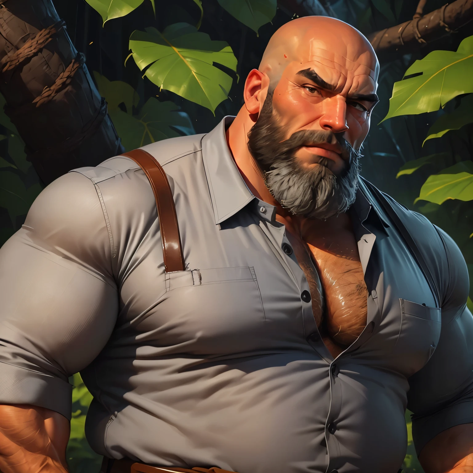 an exaggeratedly muscular and large bodyguard, grizzly old man, (bald: 1.2), beard, tan skin, (scars on face: 1.1), (suspicious expression: 1.1), (wearing grey collared shirt: 1.2), pants with belt, (bara pecs: 1.3), (hairy chest and forearms: 1.2), close-up portrait HD, in the jungle