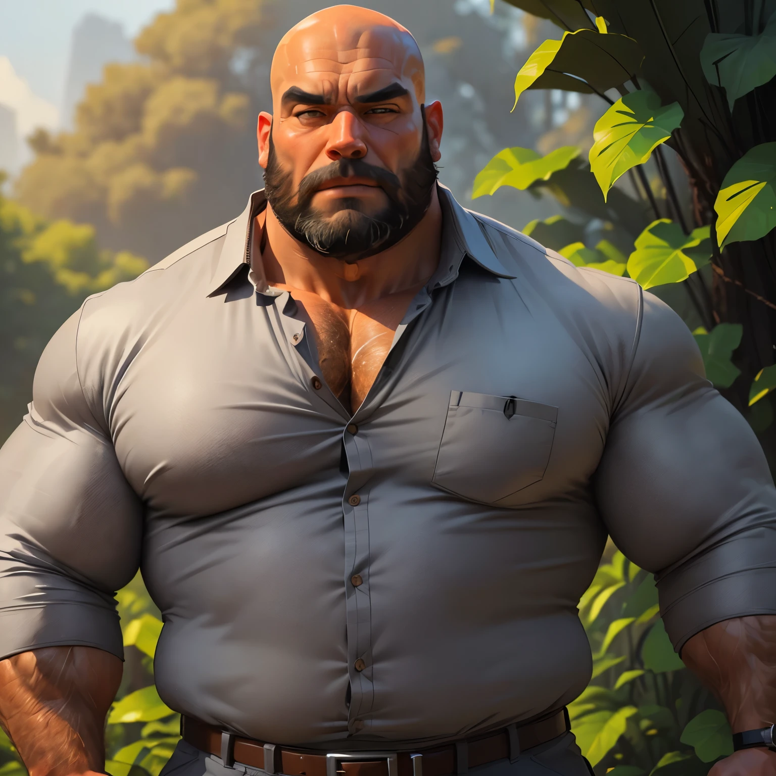 an exaggeratedly muscular and large bodyguard, grizzly old man, (bald: 1.2), beard, tan skin, (scars on face: 1.1), (suspicious expression: 1.1), (wearing grey collared shirt: 1.2), pants with belt, (bara pecs: 1.3), (hairy chest and forearms: 1.2), close-up portrait HD, in the jungle