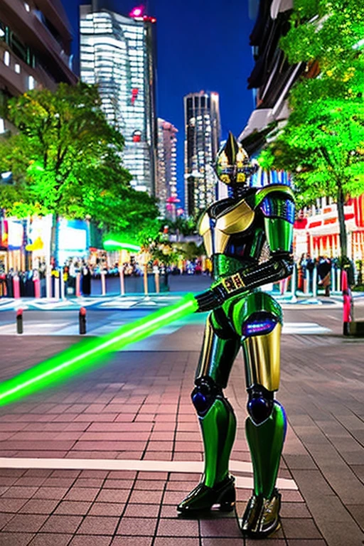 A cool humanoid robot resembling a Japanese special effects hero such as Kamen Rider or Garo is holding a laser saber.。The surroundings are a city at night with the aurora shining.