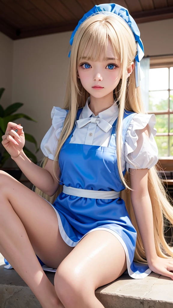 The Highest Quality、Ultra high Resolution、Photograph、Ultimate Beauty、Photo of a bright beautiful and cute beautiful girl、detailed Face、(PureErosface_V1:0.008)、Glossy white beautiful skin、Alice in Wonderland、、Beautiful bangs、Silky shiny platinum blonde super long straight hair、Beautiful light blue eyes that shine、white apron、blue dress、Leaning forward、Mid-chest、Looked、Swimwear