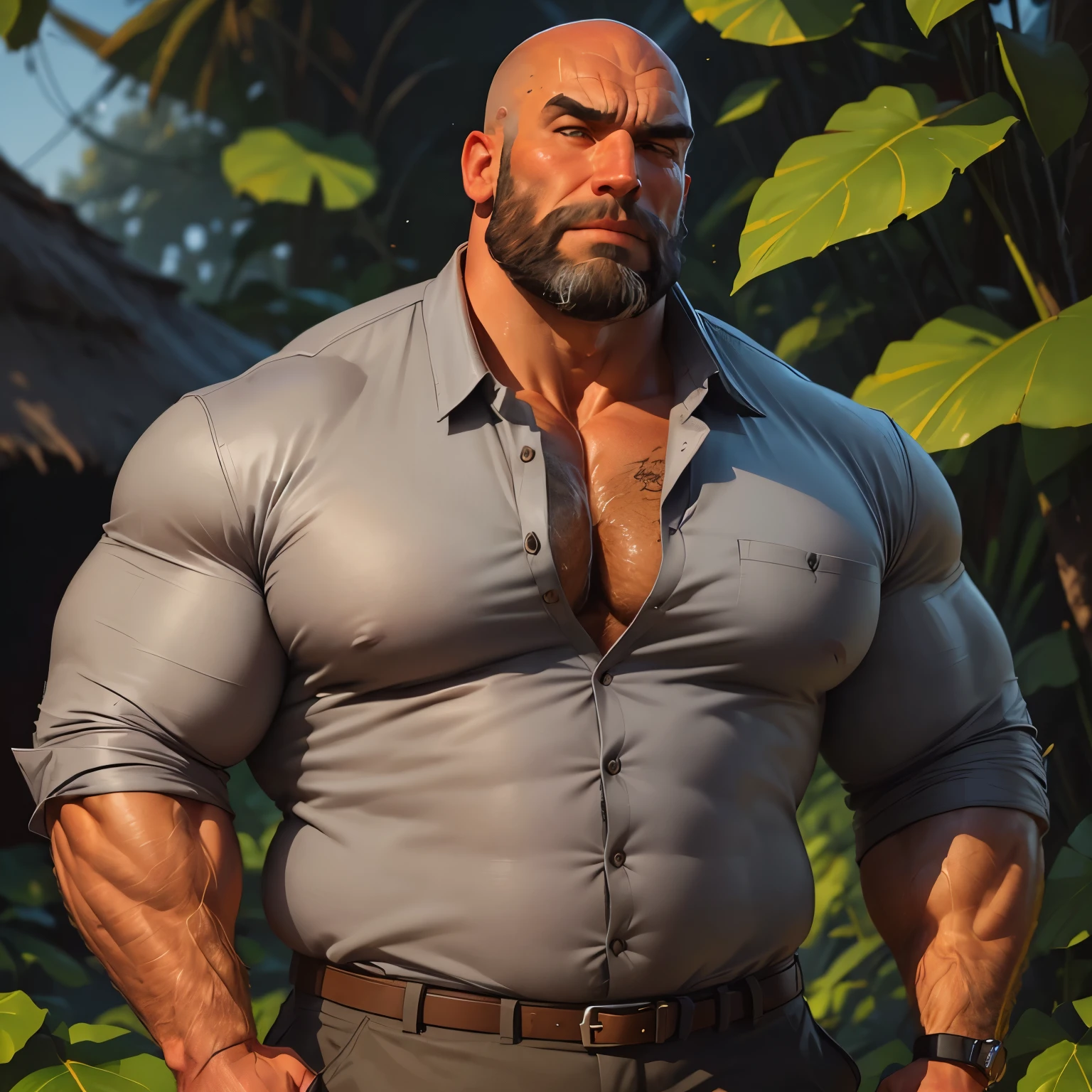 an exaggeratedly muscular and large bodyguard, grizzly old man, (bald: 1.2), beard, tan skin, (scars on face: 1.1), (suspicious expression: 1.1), (wearing grey collared shirt: 1.2), pants with belt, (bara pecs: 1.3), (hairy chest and forearms: 1.2), close-up portrait HD, in the jungle